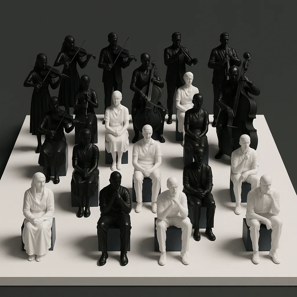 Sync is written for an ensemble — anywhere from five to a hundred-plus musicians — arranged as a network through the space rather than lined up on a stage.