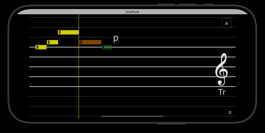 The performer interface: a mobile-first live score. A clef-and-note engine (nine clefs, a 44-semitone range), dynamics and choral lyrics, kept in time across every device in real time.